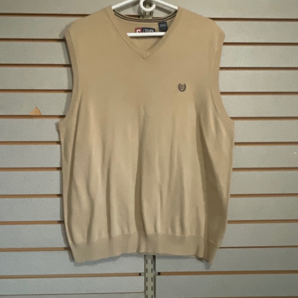 Chaps Mens Tan Beige 100%‎ Cotton V-Neck Knit Sweater Vest Logo Large L Preppy